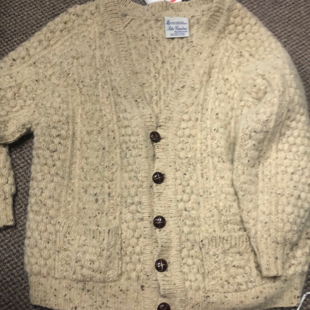 VINTAGE RITA CONDRON HANDLOOMED IRISH 100% WOOL FISHERMAN'S CARDIGAN SWEATER LG
